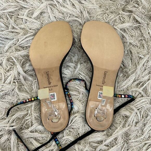 NWOB Larroude Disco Gloria Embellished Wrap Sandals in Black Leather/Vinyl 6.5 - Picture 15 of 16